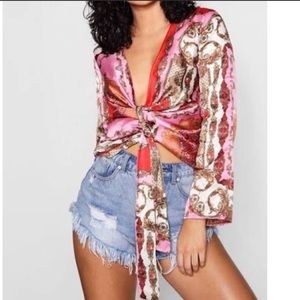 Boohoo Martha Scarf Print Wide Sleeve Blouse